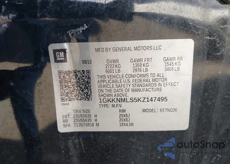 2019 GMC Acadia Slt-1 z USA, uszkodzony, nr VIN 1GKKNMLS5KZ147495